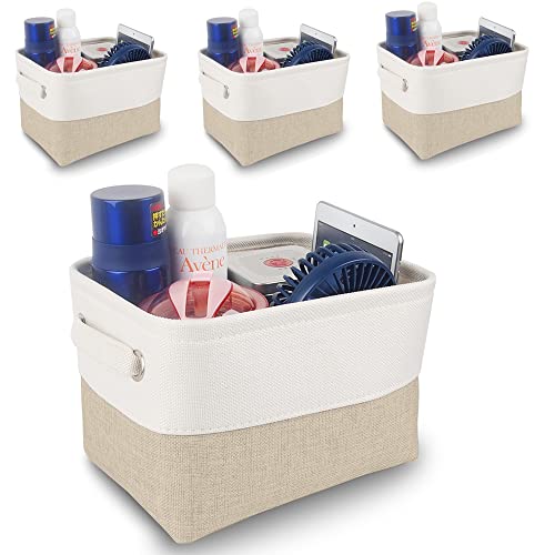 Mangata aufbewahrungsbox Stoff 4Pcs, aufbewahrungsbox grau groß, Korb aufbewahrung Stoff mit Griffen für Schrank, Spielzeug, kleiderschrank, Regale, Kleidung (Helles Khaki Weiß, klein) von Mangata