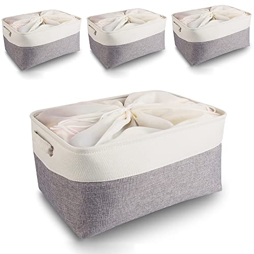 Mangata aufbewahrungsbox Stoff 4Pcs, aufbewahrungsbox grau groß, Korb aufbewahrung Stoff mit Griffen für Schrank, Spielzeug, kleiderschrank, Regale, Kleidung (faltbar, groß, Grau Weiß) von Mangata