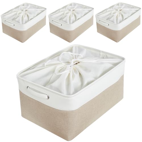 Mangata aufbewahrungsbox Stoff 4Pcs, aufbewahrungsbox groß, Korb Stoff aufbewahrung mit Griffen für Schrank, Spielzeug, kleiderschrank, Regale, Kleidung (Helles Khaki weiß, extra groß) von Mangata