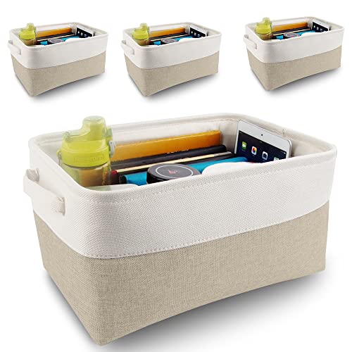 Mangata aufbewahrungsbox Stoff 4Pcs, aufbewahrungsbox groß grau, Korb Stoff aufbewahrung mit Griffen für Schrank, Spielzeug, kleiderschrank, Regale, Kleidung (Helles Khaki Weiß, Mittel) von Mangata