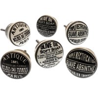 6Er Set Türknäufe Aus Keramik - Vintage-Thema Mit Antiken Uhrenetiketten in Schwarz Und Weiß Silberfarbenen Beschlägen von MangoTreeKnobsShop