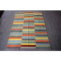 Moderner Kelim Teppich, Naturwolle Dhurrie, Multi Color Streifen Handgemachter Größe 128 cm X 184 Moderner Kelim Teppich, Naturwolle Dhurrie, Multi Color Streifen Handgemachter Größe 128 cm X 184 von MangolArts