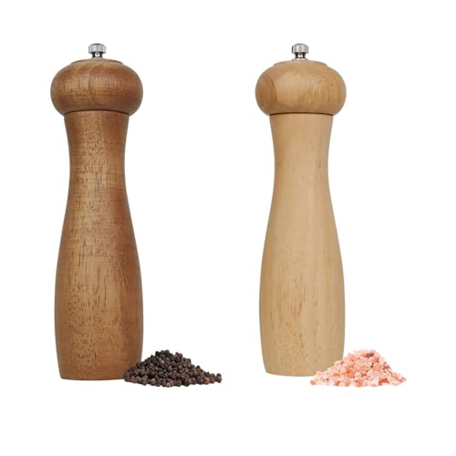 ManGotree Holz Pfeffermühle Salzmühle 8 Zoll, Pfeffermühle Salzmühle mit einstellbarem Keramikrotor, manuelle Holzpfeffermühle Salzmühle für Küche 2er Pack (Natur + Walnuss） von Mangotree