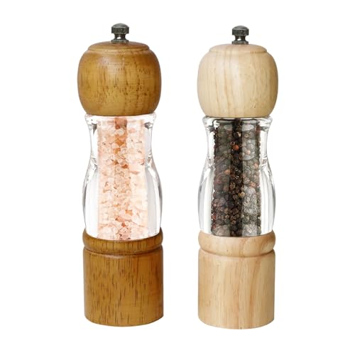 ManGotree Pfeffermühle & Salzmühle Set | Natürliches Massivholz mit Acryl-Sichtfenster | Einstellbare Grobheit - Perfekt für die Gourmetküche, 8 Zoll, 2er Pack (Natur und Walnuss) von Mangotree