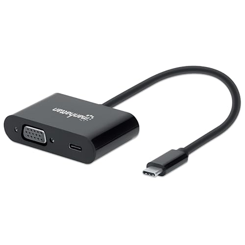 Manhattan USB-C auf VGA und USB-C (inkl. Stromversorgung), 1080p @ 60Hz, 19,5 cm, schwarz, Stromversorgung auf USB-C-Anschluss (60 W), Stecker auf Buchse, Einzelhandelsverpackung. von Manhattan