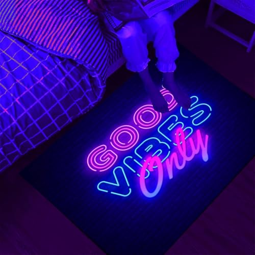 Manicer Neon-Flächenteppich, Schwarzlicht, Good Vibes Only, UV-reaktiver, rutschfester Tür-Überwurf, fluoreszierender Flanell-Bodenmatte, Teppich, leuchtet im Dunkeln, Spielmatte für Schlafzimmer, von Manicer