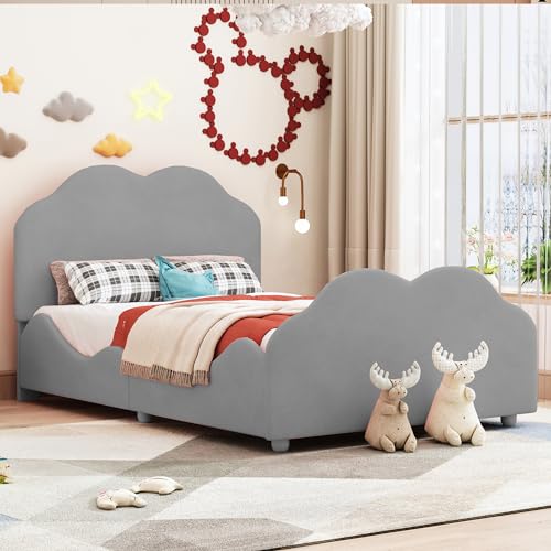 Manijind Polsterbett Kinderbett 90 x 200 cm hohes Geländer-Kinder Bettgestell mit wolkenförmigem Kopf- und Fußteil. Einzelbett in hautfreundlichem Samt Grau von Manijind