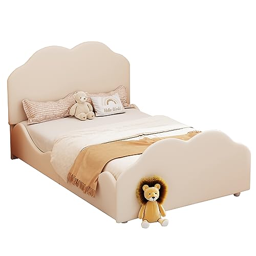 Manijind Polsterbett Kinderbett 90 x 200 cm hohes Geländer-Kinderbettgestell mit wolkenförmigem Kopf- und Fußteil. Einzelbett in hautfreundlichem Samt Beige von Manijind