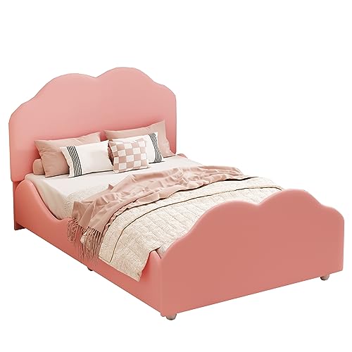 Manijind Polsterbett Kinderbett 90 x 200 cm hohes Geländer-Kinderbettgestell mit wolkenförmigem Kopf- und Fußteil. Einzelbett in hautfreundlichem Samt Rosa von Manijind