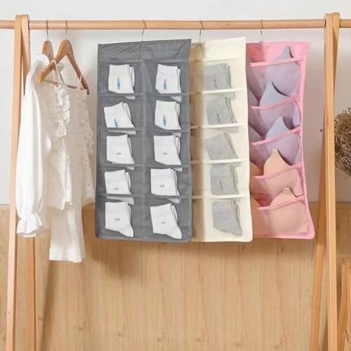 Kleiderschrank-Lösung mit doppelseitiger Organisation und transparenten Netztaschen für schnellen Zugriff (grau: 5 + 10 Fächer) von Manillefu