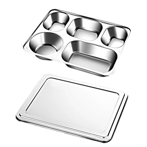 Rechteckiges Tablett aus Edelstahl, geteiltes Tablett mit Deckel, 4/5 Stück, kompaktes Serviertablett für Kinder, wählerische Esser (B) von Manillefu