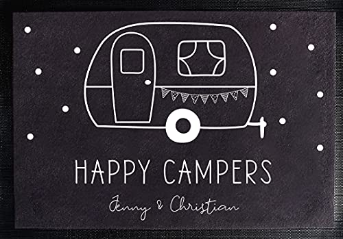 Camping-Fußmatte personalisiert mit Spruch und Verschiedene Motive. Deine Wahl lustige Camper Türvorleger rutschfest & waschbar schwarz 35x50cm (Happy Campers (personalisiert)) von Manilu