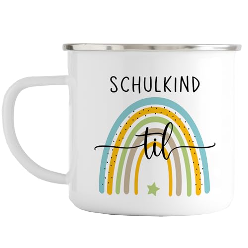 Einschulung | Emaille Tasse Regenbogen Motiv | Schule | Emaille Tasse | personalisiert | Namenstasse | Schulkind | Regenbogen (Regenbogen Blau-Grün - Rand Silber) von Manilu