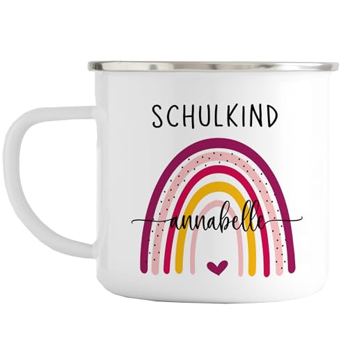 Einschulung | Emaille Tasse Regenbogen Motiv | Schule | Emaille Tasse | personalisiert | Namenstasse | Schulkind | Regenbogen (Regenbogen Pink-Bunt - Rand Silber) von Manilu