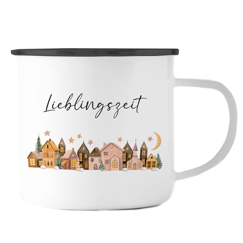 Emaille Tasse Becher | Weihnachten | Lieblingszeit | Stadt | Häuser | Wichtelgeschenk | Nikolausgeschenk | Weihnachtszeit (Lieblingszeit - Emaille Rand Schwarz) von Manilu