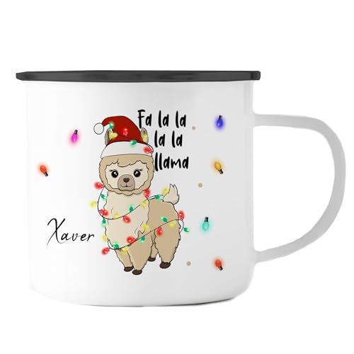 Emaille Tasse Becher personalisiert Weihnachten - Motiv: Lama - Wichtelgeschenk mit eigenen Namen bedruckt - Weihnachtszeit Regenbogen - Namenstasse (Weihnachten 10 - Rand Schwarz) von Manilu