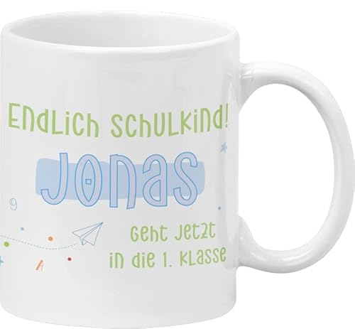 Personalisierte Einschulungs-Tasse Schulkind Junge/Mädchen - Name - ABC-Schütze/Schule / 1. Klasse/Geschenk zur Einschulung/Schul-klasse/Personalisiert (Endlich Schulkind - Junge - Innen Weiß) von Manilu