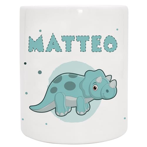 Personalisierte Spardose mit Namen und Dinosaurier Triceratops - Gelddose - Geschenk Geburtstag Weihnachten Taufe Geldgeschenk (Dino 1 - Türkis) von Manilu