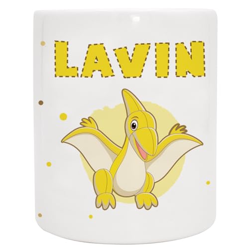 Personalisierte Spardose mit Namen und Dinosaurier Pteranodon - Gelddose - Geschenk Geburtstag Weihnachten Taufe Geldgeschenk (Dino 5 - Gelb) von Manilu