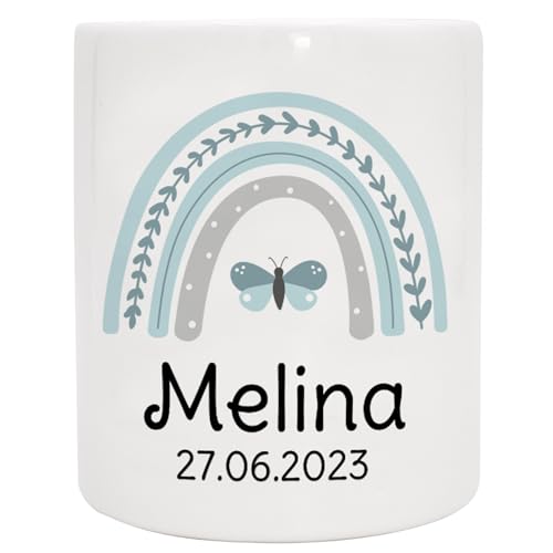 Personalisierte Spardose mit Namen und Datum - Regenbogen mit Schmetterling - Geld Dose aus Keramik – Geburtstag - Weihnachten- Geldgeschenk - Geschenk zur Taufe - Blau von Manilu