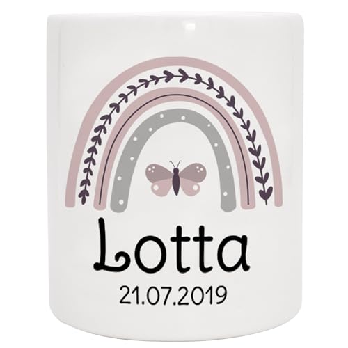 Personalisierte Spardose mit Namen und Datum - Regenbogen mit Schmetterling - Geld Dose aus Keramik - Geburtstag - Weihnachten- Geldgeschenk - Geschenk zur Taufe - Rosa von Manilu