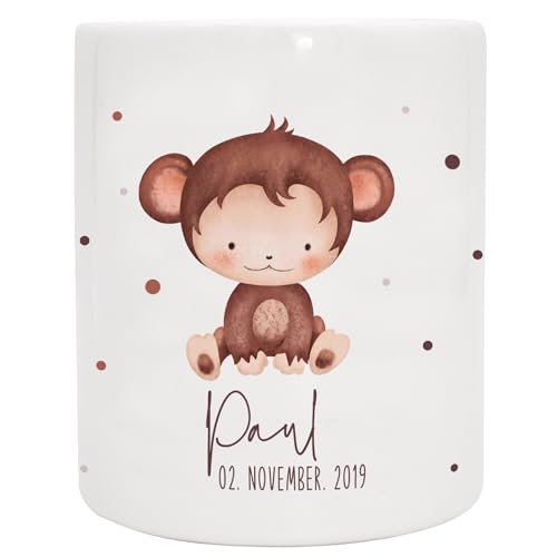 VERSCHENKICH Spardose für Kinder personalisiert - Geschenk für Kinder - Geburtstag, Weihnachten, Geburt - Spardose für Kinder mit Tiermotiv & eigenem Namen für Jungen & Mädchen (Spardose AFFE) von Manilu