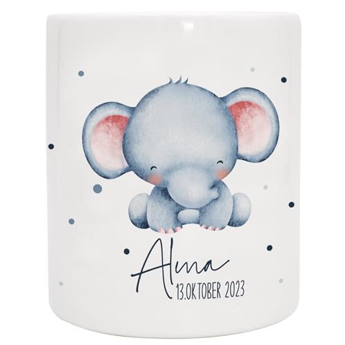 VERSCHENKICH Spardose für Kinder personalisiert - Geschenk für Kinder - Geburtstag, Weihnachten, Geburt - Spardose für Kinder mit Tiermotiv & eigenem Namen für Jungen & Mädchen (Spardose Elefant) von Manilu