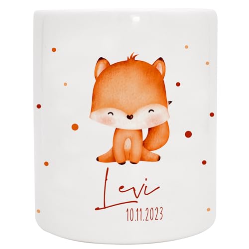 VERSCHENKICH Spardose für Kinder personalisiert - Geschenk für Kinder - Geburtstag, Weihnachten, Geburt - Spardose für Kinder mit Tiermotiv & eigenem Namen für Jungen & Mädchen (Spardose Fuchs) von Manilu