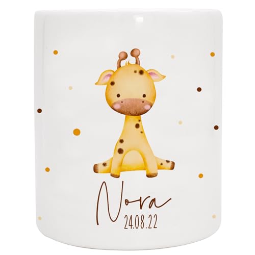 VERSCHENKICH Spardose für Kinder personalisiert - Geschenk für Kinder - Geburtstag, Weihnachten, Geburt - Spardose für Kinder mit Tiermotiv & eigenem Namen für Jungen & Mädchen (Spardose Giraffe) von Manilu