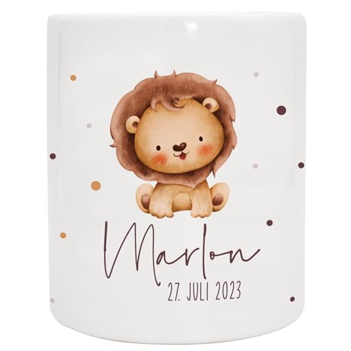 VERSCHENKICH Spardose für Kinder personalisiert - Geschenk für Kinder - Geburtstag, Weihnachten, Geburt - Spardose für Kinder mit Tiermotiv & eigenem Namen für Jungen & Mädchen (Spardose Löwe) von Manilu