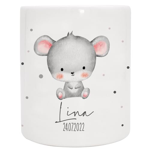 VERSCHENKICH Spardose für Kinder personalisiert - Geschenk für Kinder - Geburtstag, Weihnachten, Geburt - Spardose für Kinder mit Tiermotiv & eigenem Namen für Jungen & Mädchen (Spardose Maus) von Manilu
