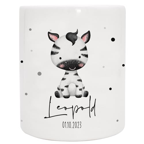 VERSCHENKICH Spardose für Kinder personalisiert - Geschenk für Kinder - Geburtstag, Weihnachten, Geburt - Spardose für Kinder mit Tiermotiv & eigenem Namen für Jungen & Mädchen (Spardose Zebra) von Manilu