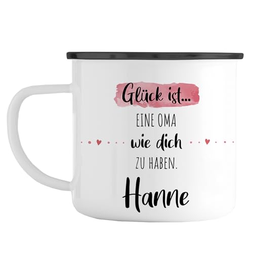 Personalisierter Emaille Becher „Glück ist eine Oma wie dich zu haben“ mit eigenen Namen. Das perfekte Geschenk zum Geburtstag, Geschenk, Liebe, Emaille Tasse, Großmutter (Rand: Schwarz) von Manilu