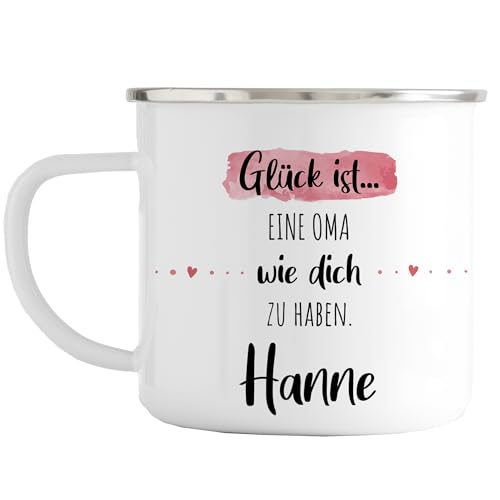Personalisierter Emaille Becher „Glück ist eine Oma wie dich zu haben“ mit eigenen Namen. Das perfekte Geschenk zum Geburtstag, Geschenk, Liebe, Emaille Tasse, Großmutter (Rand: Silber) von Manilu