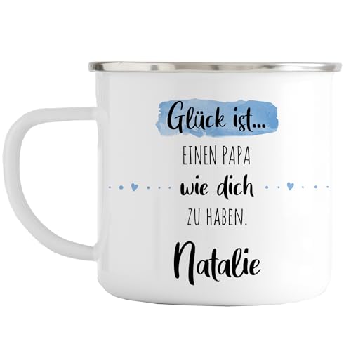 Personalisierter Emaille Becher „Glück ist einen Papa wie dich zu haben“ mit eigenen Namen. Das perfekte Geschenk zum Vatertag, Geburtstag, Geschenk, Liebe, Emaille Tasse (Rand: Silber) von Manilu