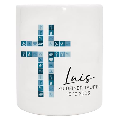 Personalisierte Spardose mit Wunschnamen als Geschenk zur Kommunion/Konfirmation/Firmung mit Namen, Datum und Wunschtext für Mädchen und Junge | Kreuz Blau von Manilu