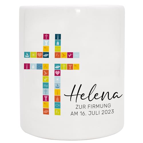 Personalisierte Spardose mit Wunschnamen als Geschenk zur Kommunion/Konfirmation/Firmung mit Namen, Datum und Wunschtext für Mädchen und Junge | Kreuz Bunt von Manilu