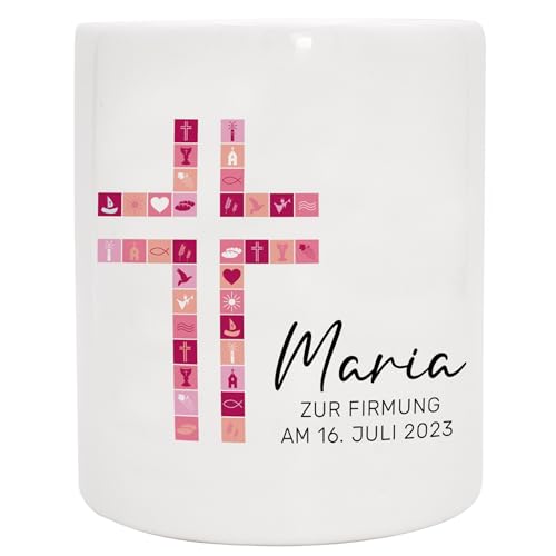 Personalisierte Spardose mit Wunschnamen als Geschenk zur Kommunion/Konfirmation/Firmung mit Namen, Datum und Wunschtext für Mädchen und Junge | Kreuz Rosa von Manilu