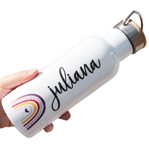 personalisierte Edelstahl Isolierflasche | Bambusdeckel | doppelwandig | Regenbogen-Design | Trinkflasche mit Namen von Manilu