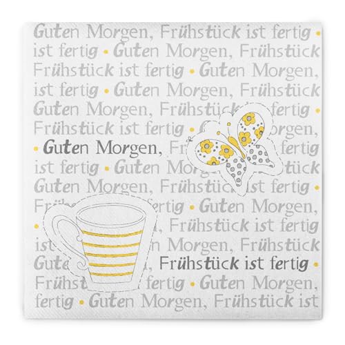 Mank Servietten aus Airlaid 33 cm x 33 cm | 1/4 Falz Kaffee Serviette | hochwertige Einmal-Serviette | 50 Stück | Frühstück ist Fertig ! (Gelb-Grau) von Mank GmbH