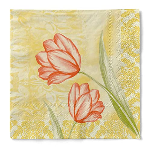 Mank GmbH Servietten aus Tissue 33 cm x 33 cm, 1/4 Falz Kaffee Serviette, hochwertige Einmal Serviette 100 Stück Blumen Floral Sally in Gelb Orange von Mank GmbH