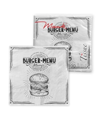 Tissue-Servietten 33x33 cm | Premium Einweg-Serviette | saugstark | perfekt für Burger & Mehr | 100 Stück | Burger Menu in schwarz von Mank