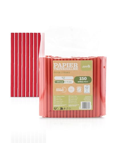 Umweltfreundliche Papiertrinkhalme | für Partys & Hochzeiten | in recycelbarem Folienbeutel | Strohhalme | (150, Rot, Ø 8 mm / 15 cm) von Mank