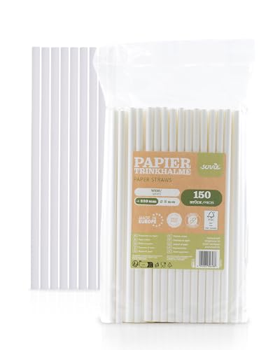 Umweltfreundliche Papiertrinkhalme | für Partys & Hochzeiten | in recycelbarem Folienbeutel | Strohhalme | (150, Weiß, Ø 8 mm / 23 cm) von Mank