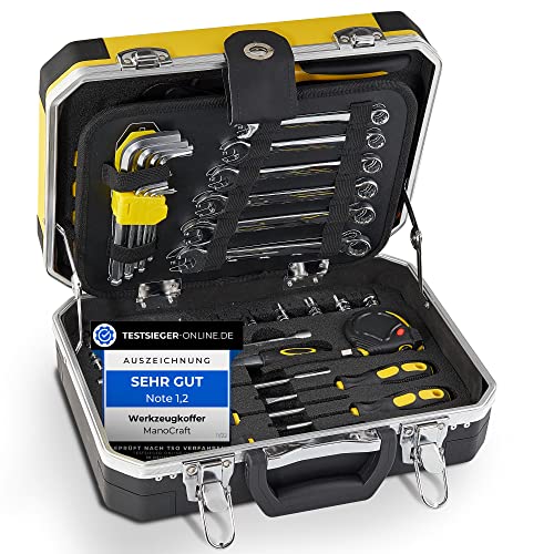 ManoCraft Werkzeugkoffer gefüllt, Premium All-in-One handlicher und rutschfester Werkzeugkasten 100-teilig [für Heimwerker KFZ oder als Geschenk] von ManoCraft