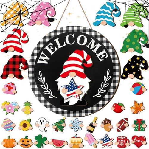 Gnome Willkommensschild,Wechselbare Deko aus Holz | Festdekoration Mit Magnetischen Teilen Und Abnehmbaren Hüten | Für Wand Außenbereich Garten Weihnachten Halloween Gnome Willkommensschild,Wechselbare Deko aus Holz | Festdekoration Mit Magnetischen Teilen Und Abnehmbaren Hüten | Für Wand Außenbereich Garten Weihnachten Halloween von Manolyee