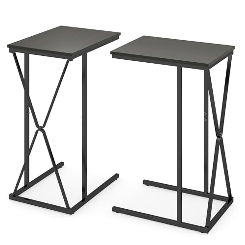 Manora Beistelltisch Schmal 2er-Set,Couchtisch holz,Wohnzimmertisch laptop tisch für sofa,kleiner tisch für Wohnzimmer Schlafzimmer,Kaffeetisch Hoch C-Form Schwarz Metall,Industrial Style (2, Schwarz) von Manora