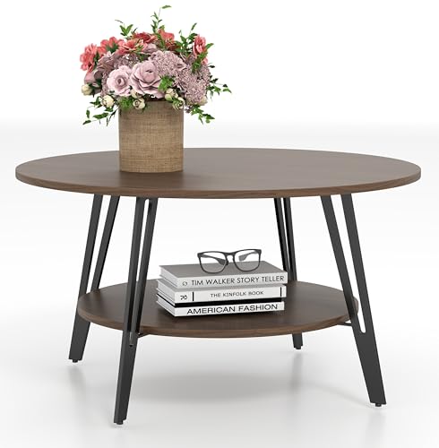 Manora Couchtisch Rund - Moderner Design Wohnzimmertisch Holz & Metall Mit Praktischem Stauraum, Sofatisch Beistelltisch Couch (Braun) von Manora