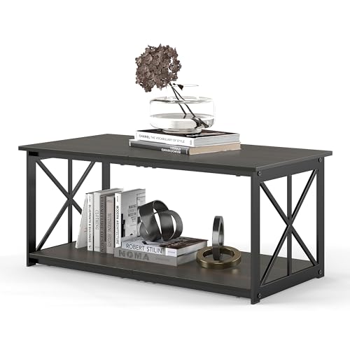 Manora Couchtisch mit Stauraum Wohnzimmertisch Beistelltisch Couch,Rechteckig,Holz und Metall,Industrial Style 2-stufiger(Schwarz) von Manora