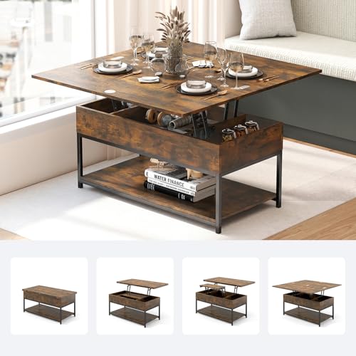 Manora Wohnzimmertisch Höhenverstellbar Braun mit Stauraum,Verstellbarer Couchtisch,Wohnzimmer Tisch für Couch,Kaffeetisch umwandelbar in Esstisch Schreibtisch,Industrial Style(Braun) von Manora